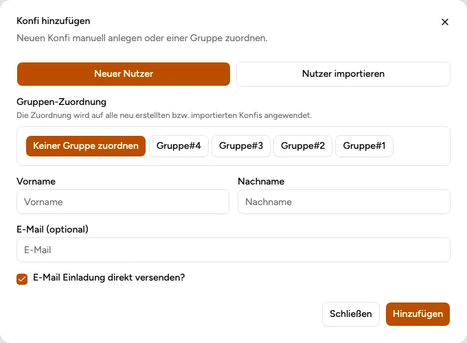 Dialog zum Anlegen neuer Konfis mit Gruppenzuordnung und E-Mail-Einladung in der Nutzerverwaltung (Beispiel aus der öffentlichen Demo).