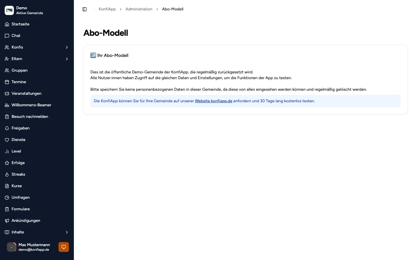 Abo-Modell-Seite mit Hinweis zur Demo-Gemeinde und Bestellmöglichkeit über die Website (Beispiel aus der öffentlichen Demo).
