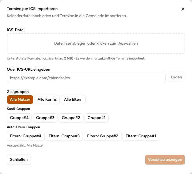 Dialog „Termine per ICS importieren" mit Datei-Upload und Zielgruppen in der Verwaltung (Beispiel aus der öffentlichen Demo)