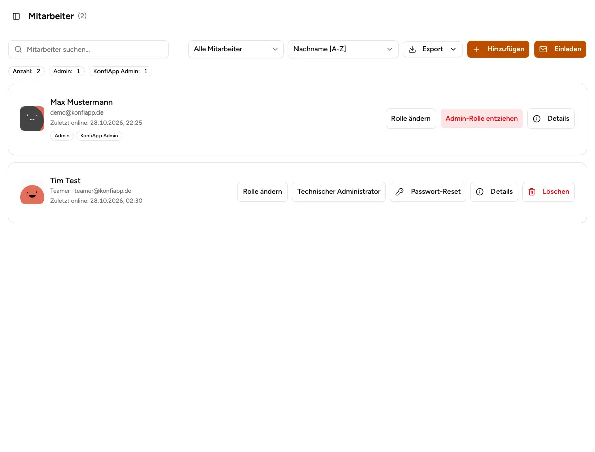 Mitarbeitenden-Übersicht der Verwaltung mit Rollen und Einladungsfunktion (Beispiel aus der öffentlichen Demo)