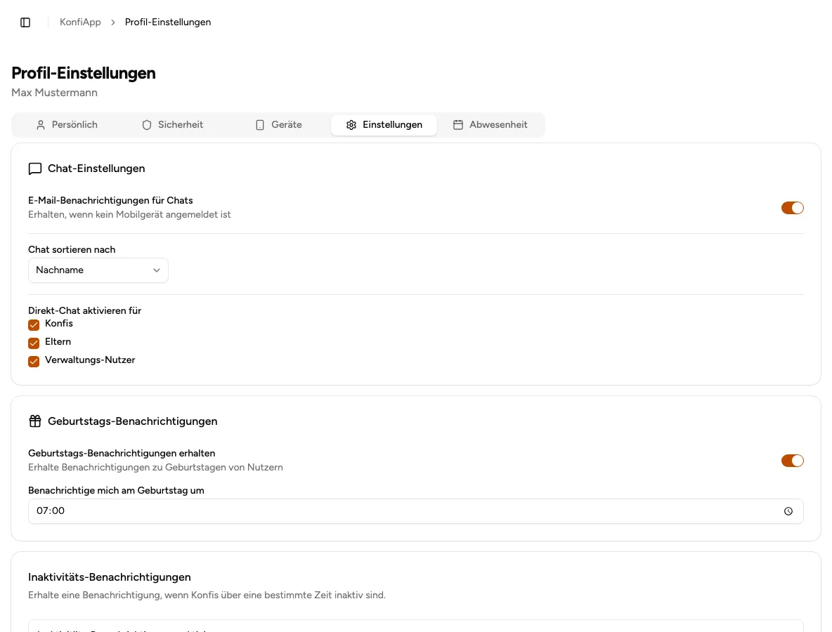 E-Mail- und Inaktivitäts-Benachrichtigungen in den Profil-Einstellungen der Verwaltung (Beispiel aus der öffentlichen Demo)