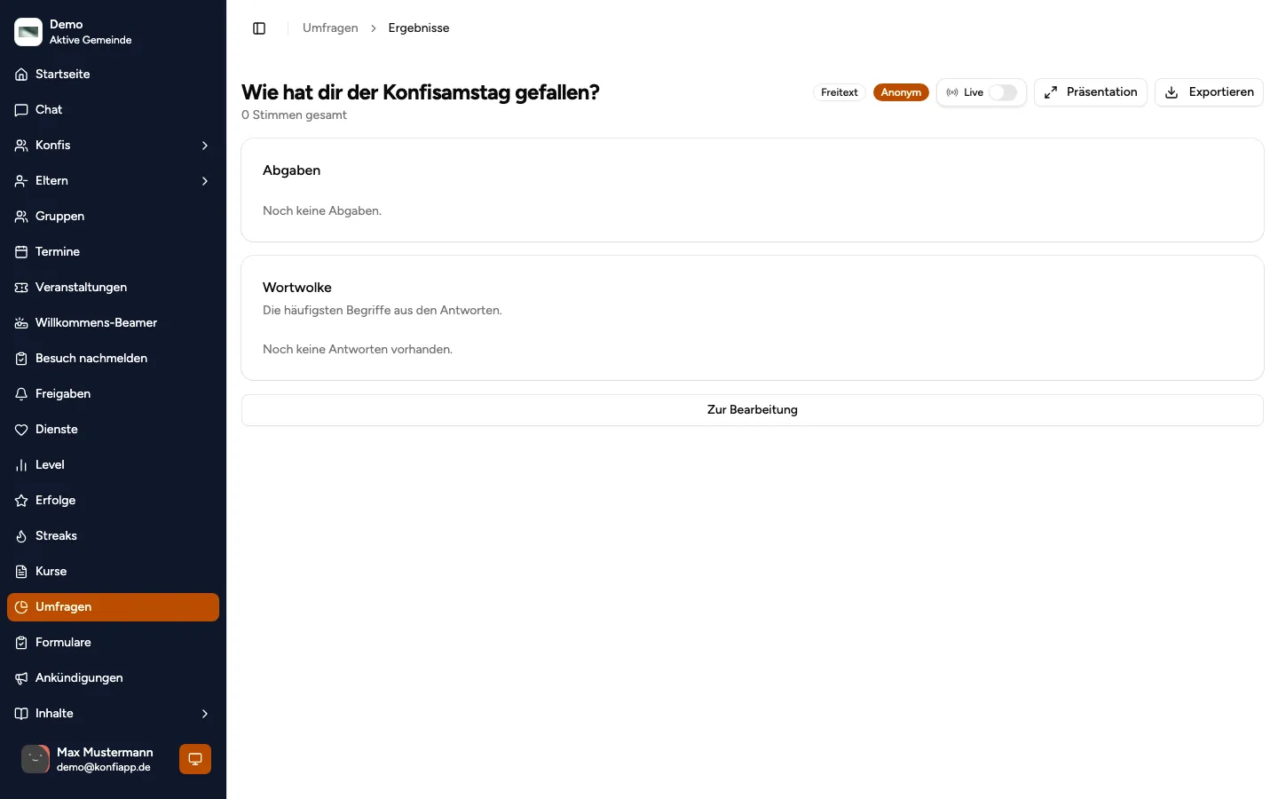 Freitext-Ergebnisse mit Wortwolke und Live-Ansicht (Beispiel aus der öffentlichen Demo)
