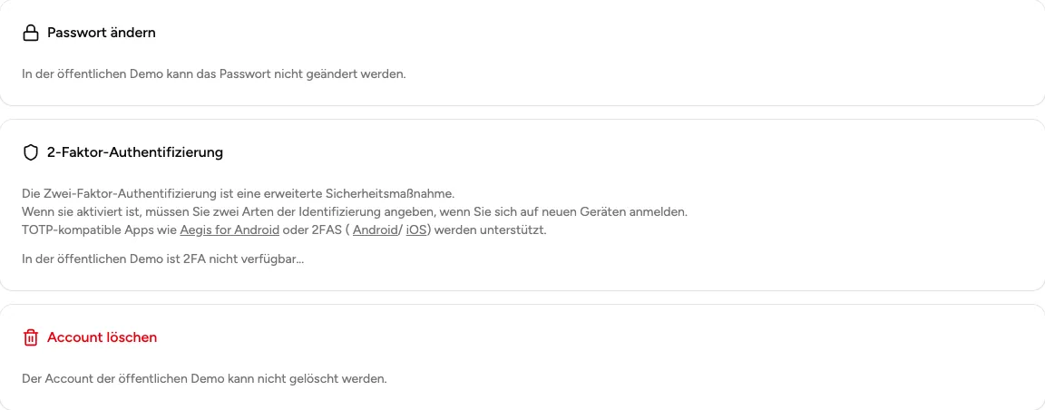 Sicherheitseinstellungen mit Zwei-Faktor-Authentifizierung in den Profil-Einstellungen (Beispiel aus der öffentlichen Demo).