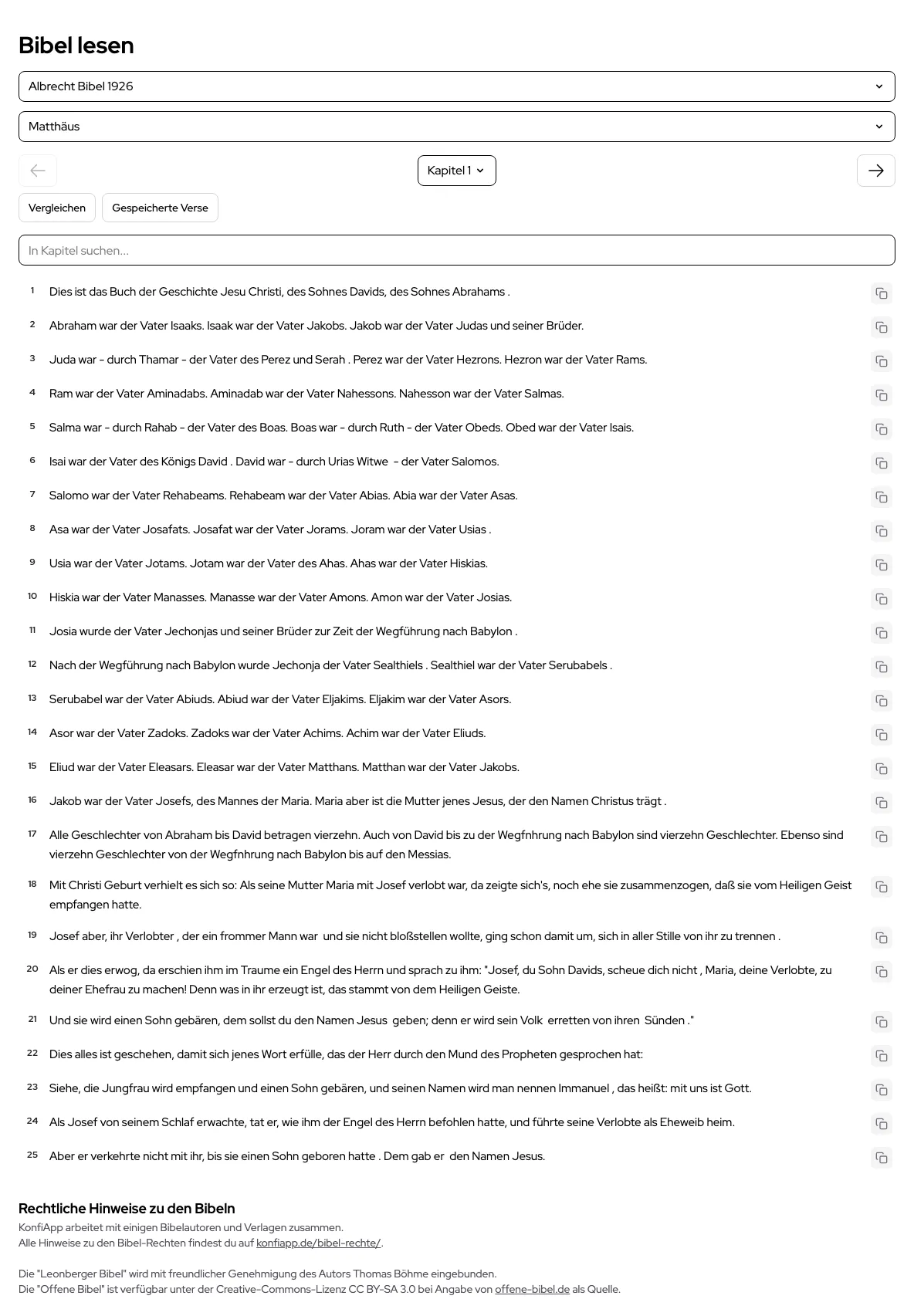 Bibeltext (Matthäus, Kapitel 1) in der Leseansicht der App (Beispiel aus der öffentlichen Demo)