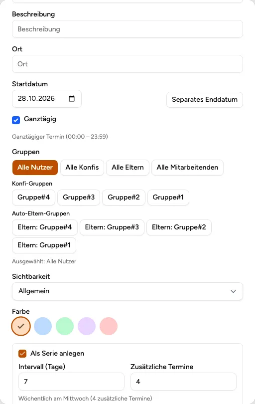 Dialog „Termin anlegen" mit Serien-Optionen in der Verwaltung (Beispiel aus der öffentlichen Demo)