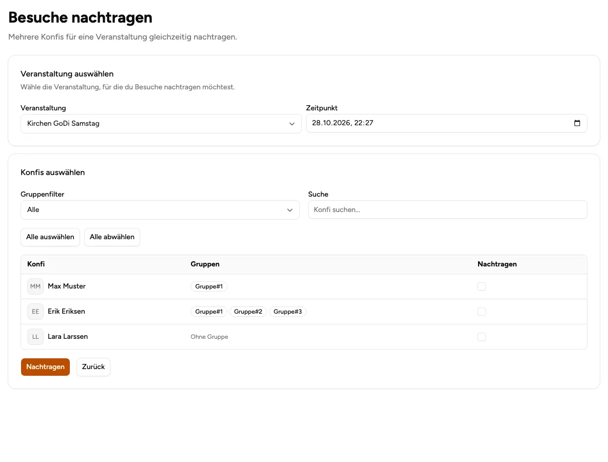 Ansicht „Besuche nachtragen" mit Konfi-Tabelle und Gruppenfilter in der Verwaltung (Beispiel aus der öffentlichen Demo)