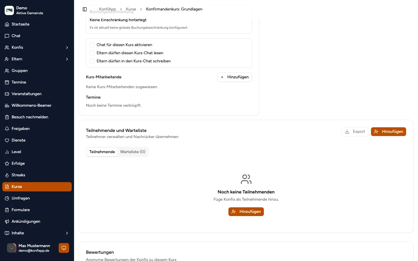 Kurs-Detail mit Bereich „Teilnehmende und Warteliste" in der Verwaltung (Beispiel aus der öffentlichen Demo)