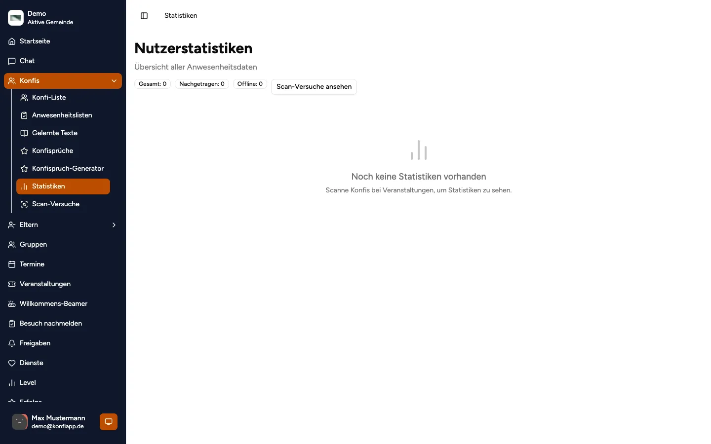 Nutzerstatistiken-Übersicht mit Anwesenheitsdaten und Hinweis auf fehlende Daten in der Verwaltung (Beispiel aus der öffentlichen Demo).