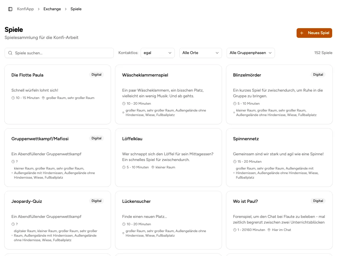 Spielesammlung der Verwaltung mit Filtern für Gruppenphase und Ort (Beispiel aus der öffentlichen Demo)