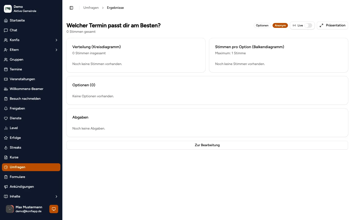 Umfrage-Ergebnisse mit Diagrammen und Abgaben (Beispiel aus der öffentlichen Demo)