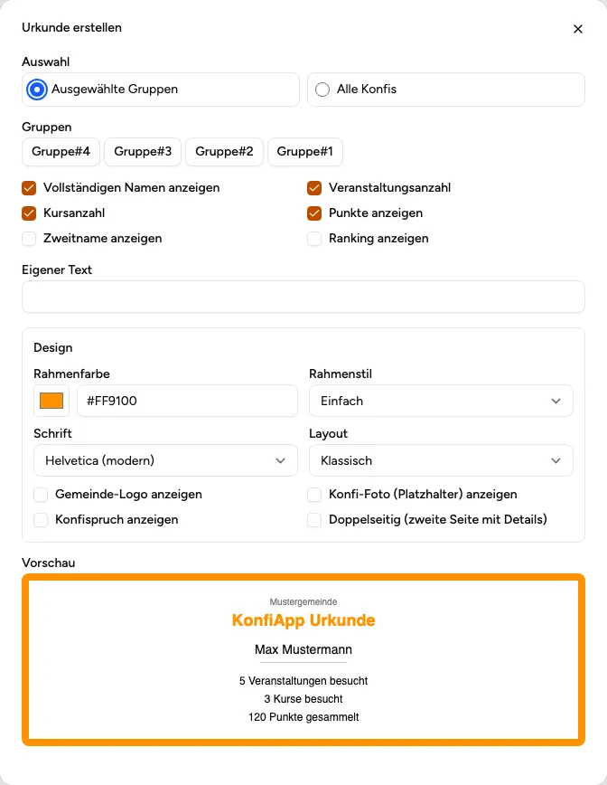 Dialog zum Erstellen einer Konfi-Urkunde mit Optionen und Vorschau in den Admin-Tools (Beispiel aus der öffentlichen Demo).