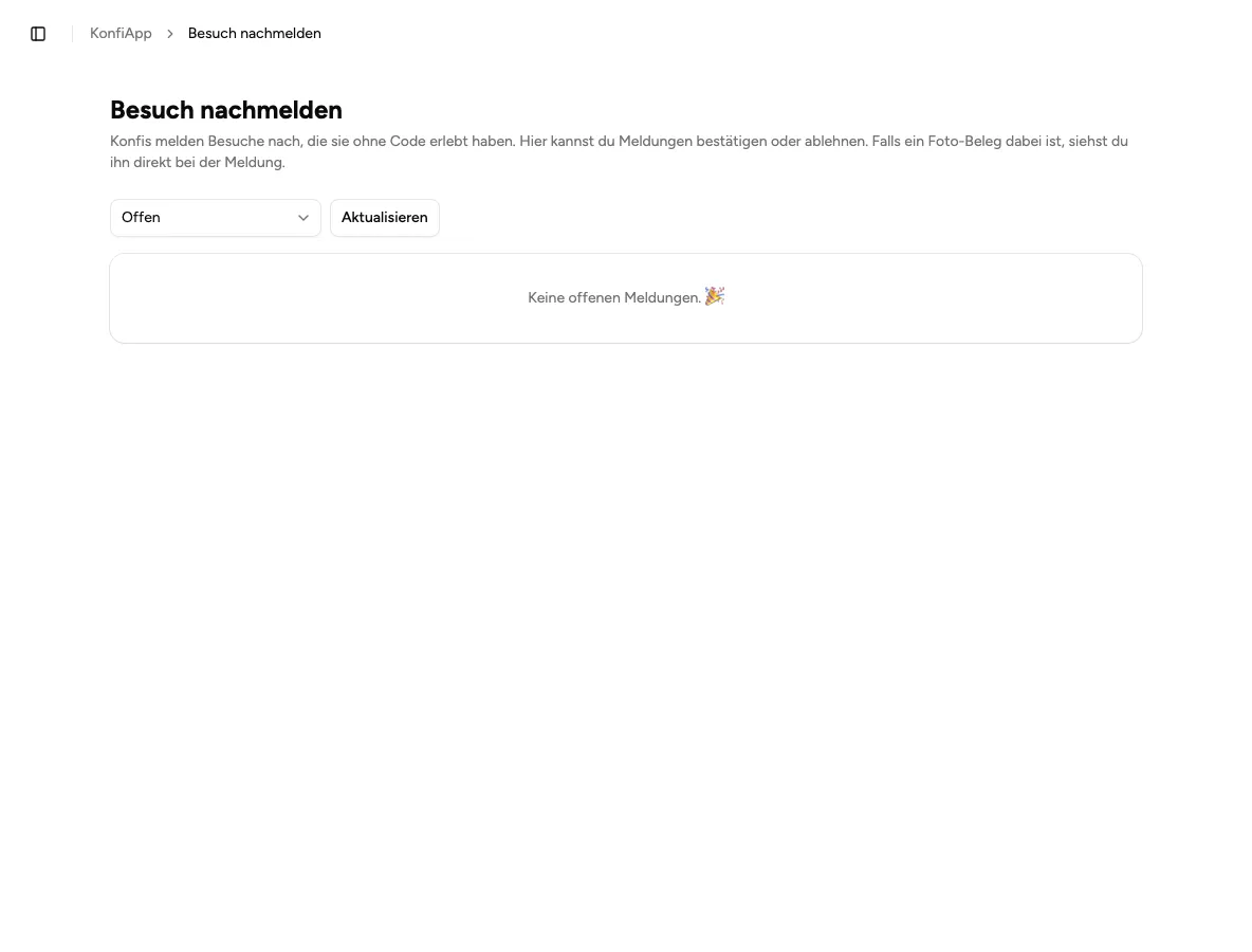 Übersicht „Besuch nachmelden" zur Prüfung von Konfi-Meldungen in der Verwaltung (Beispiel aus der öffentlichen Demo)