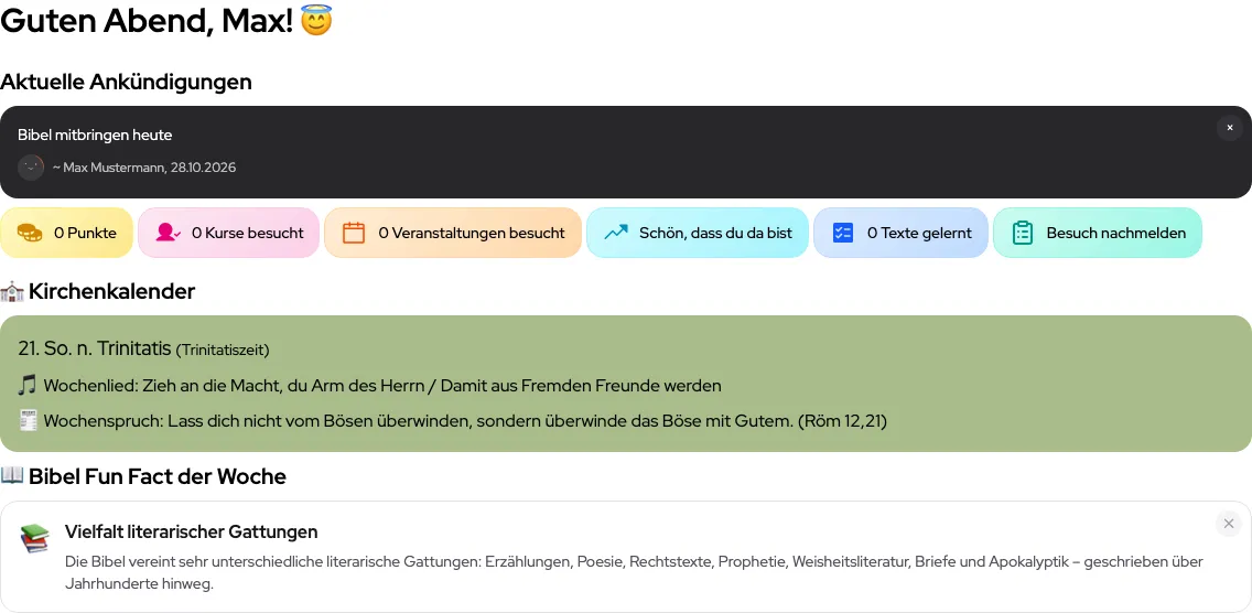 Bereich „Besuch nachmelden“ auf dem Konfi-Dashboard für nachträglichen Check-in (Beispiel aus der öffentlichen Demo)