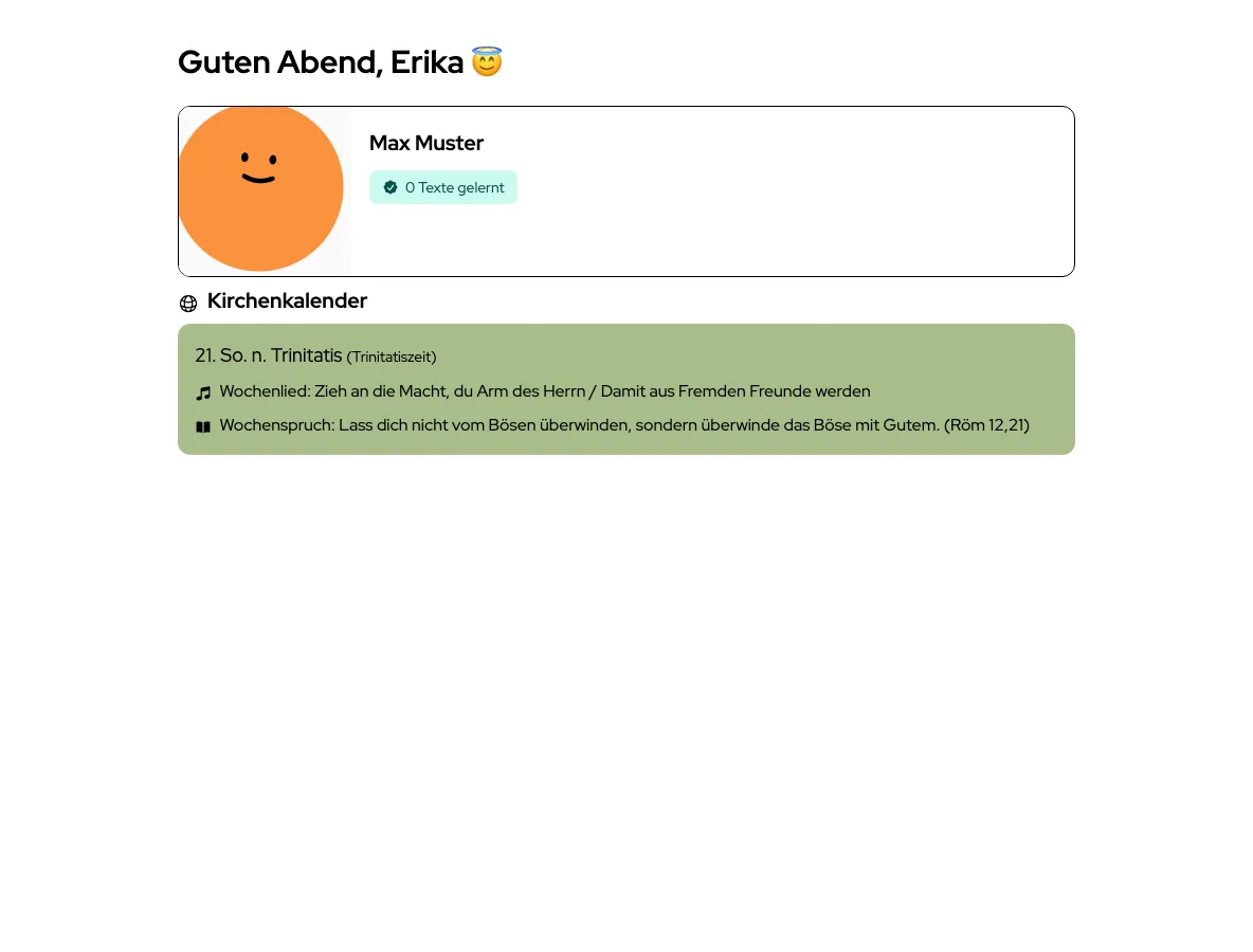 Elternportal-Dashboard mit Kind-Status und Kirchenkalender (Beispiel aus der öffentlichen Demo)