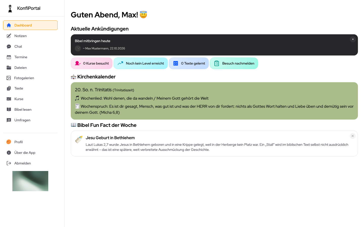 Startseite des Konfi-Portals mit Terminen und Punkten (Beispiel aus der öffentlichen Demo)