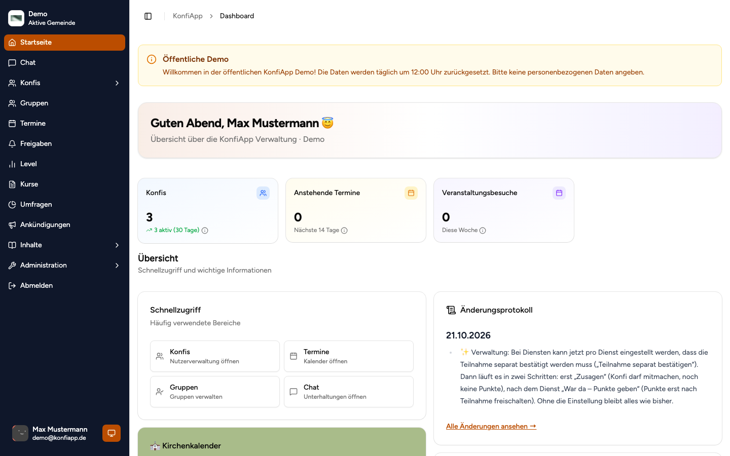 Startseite der Verwaltung mit Übersicht über Gruppen, Termine und Aufgaben (Beispiel aus der öffentlichen Demo)