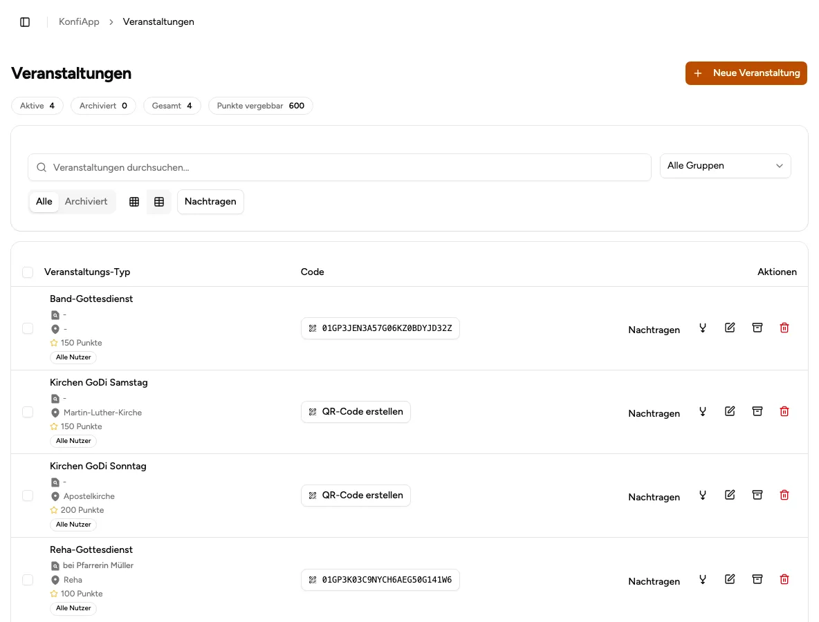 Veranstaltungs-Übersicht mit aktiven Veranstaltungen und Punktvergabe (Beispiel aus der öffentlichen Demo)