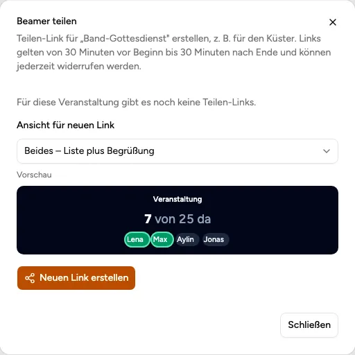 Dialog „Beamer teilen" mit zeitlich begrenztem Teilen-Link pro Veranstaltung in der Verwaltung (Beispiel aus der öffentlichen Demo)