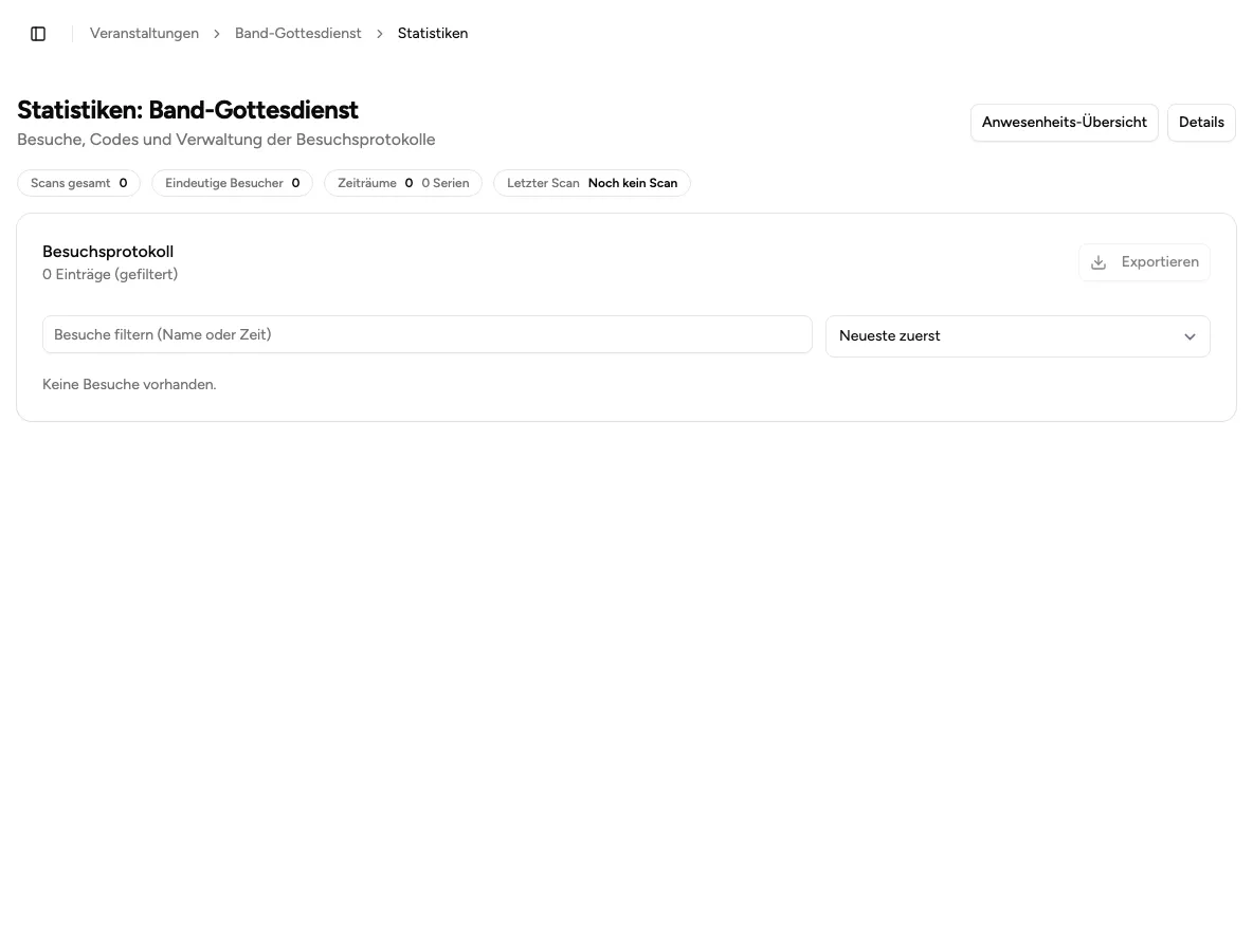 Statistiken einer Veranstaltung mit Besuchsprotokoll und Export-Funktion in der Verwaltung (Beispiel aus der öffentlichen Demo)