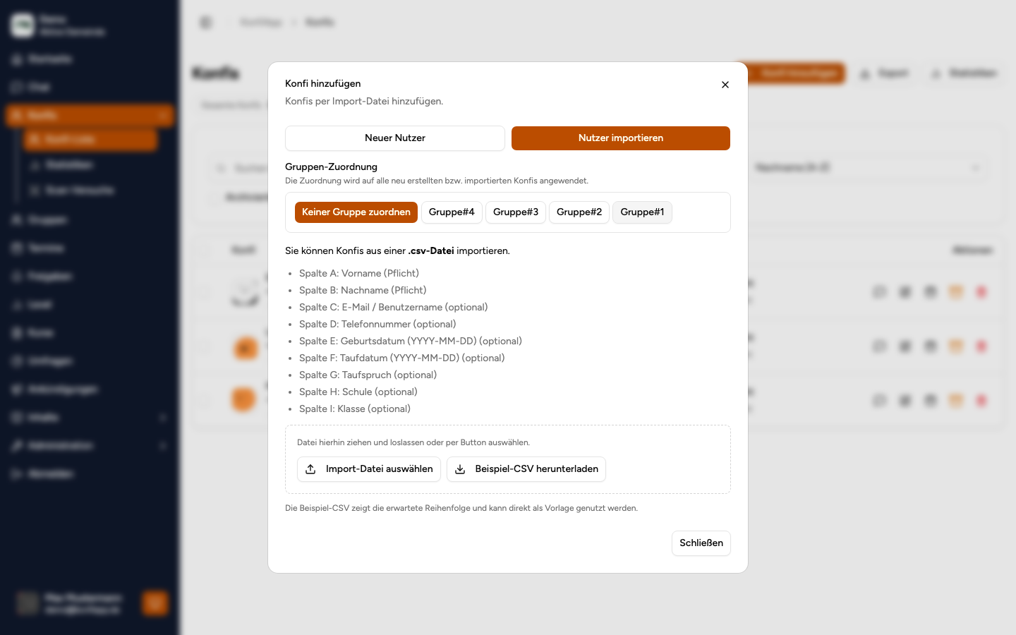 Dialog zum Importieren von Konfis per CSV-Datei mit Gruppen-Zuordnung und Vorschau (Beispiel aus der öffentlichen Demo)