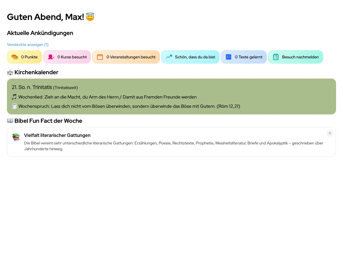 Konfi-Dashboard im WebPortal mit Punkten, Kursen und Kirchenkalender (Beispiel aus der öffentlichen Demo)