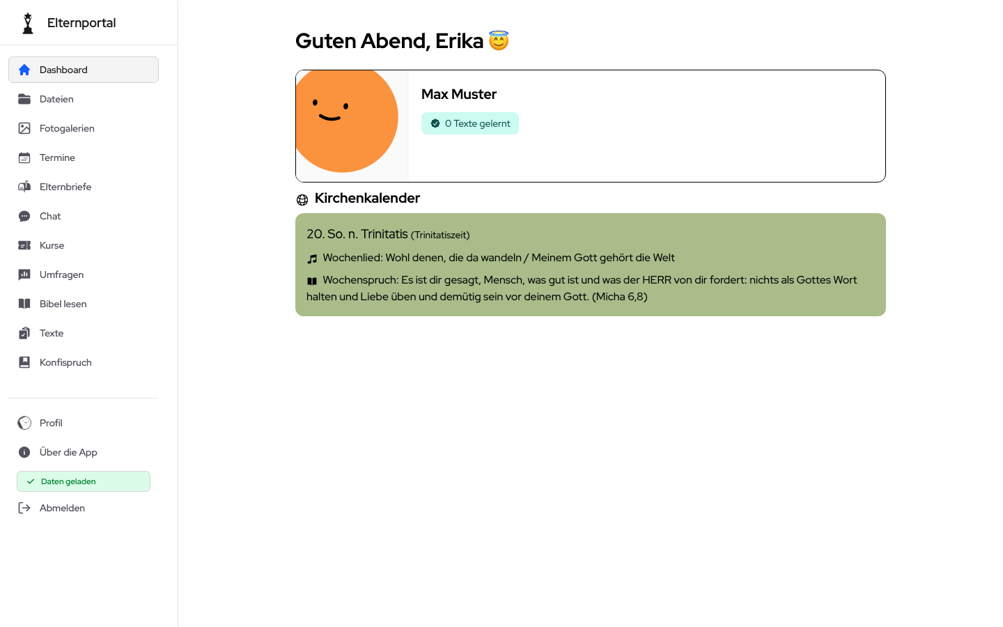 Startseite des Elternportals mit Terminen und Nachrichten (Beispiel aus der öffentlichen Demo)