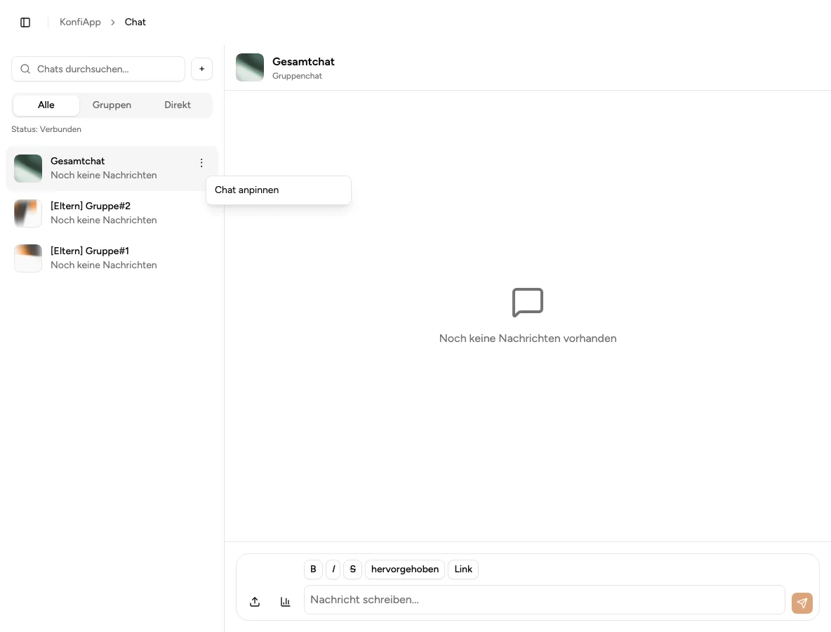 Geöffneter Gruppenchat mit Nachrichtenbereich in der Verwaltung (Beispiel aus der öffentlichen Demo)