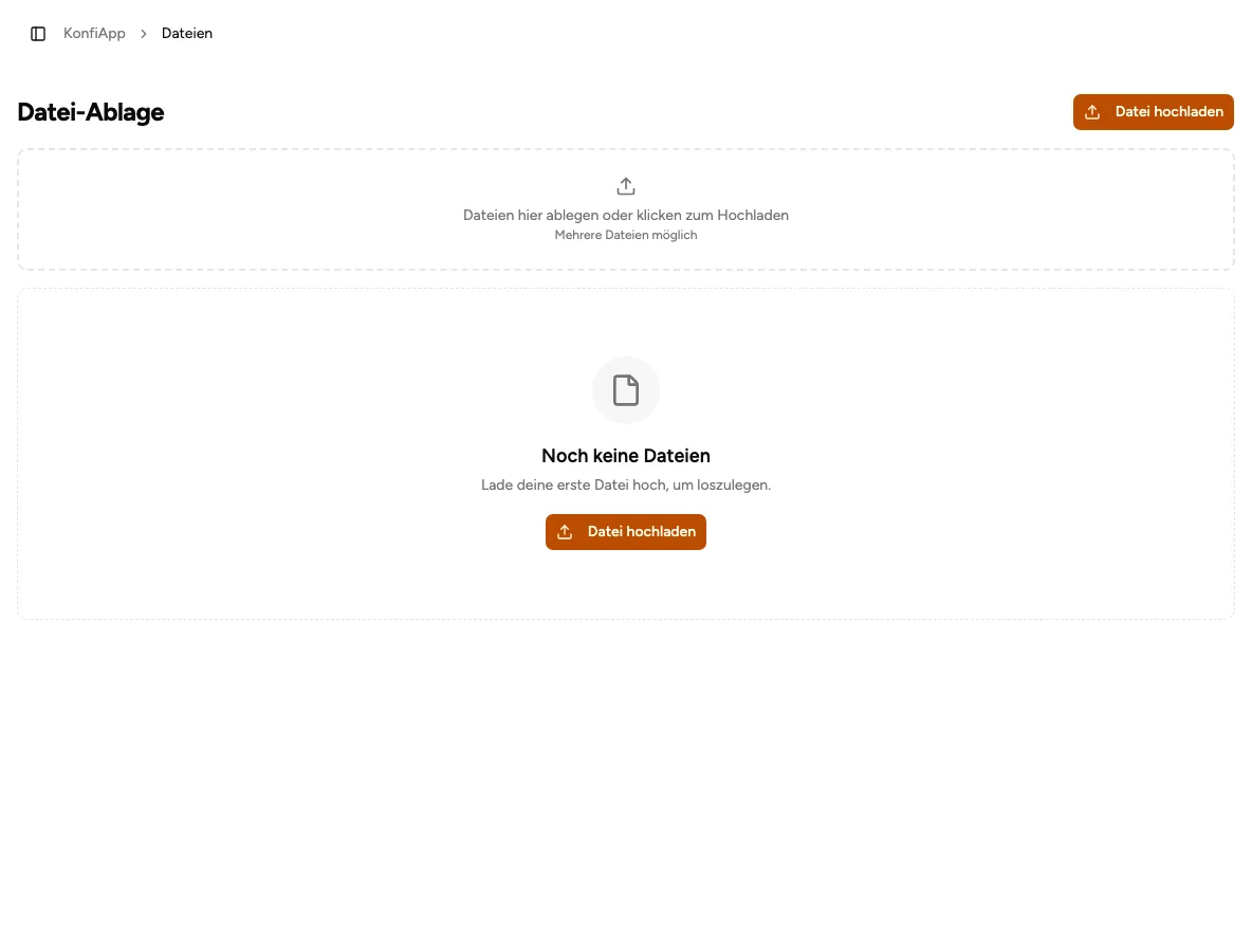 Leere Datei-Ablage mit Upload-Bereich in der Verwaltung (Beispiel aus der öffentlichen Demo)