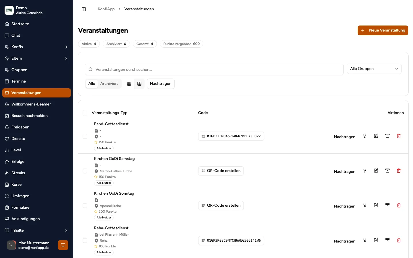 Veranstaltungen mit vergebbaren Punkten und Nachtragen-Aktion (Beispiel aus der öffentlichen Demo)