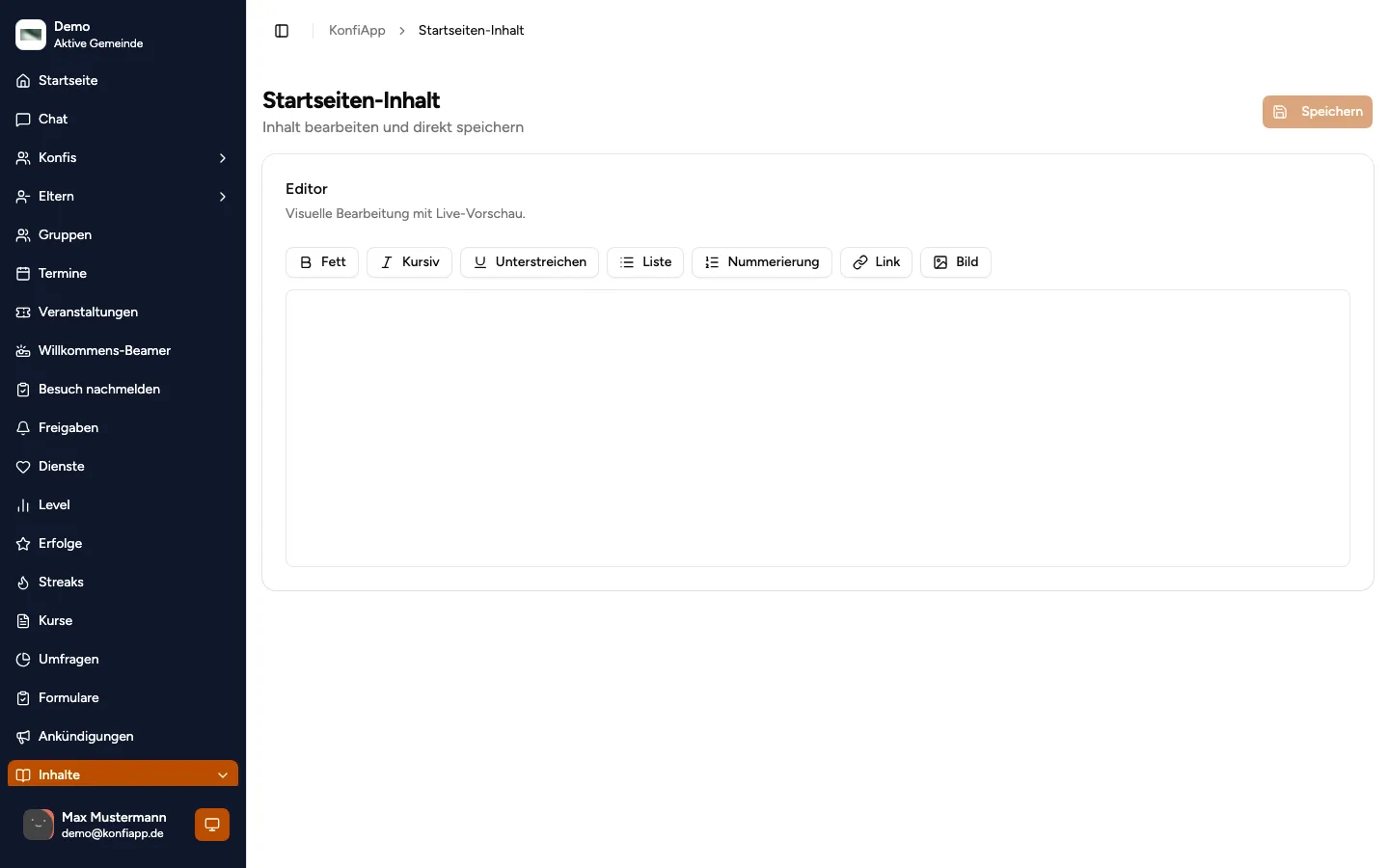 Editor für den Startseiten-Inhalt der Gemeinde mit Speicher-Button und Formatierungswerkzeugen (Beispiel aus der öffentlichen Demo).