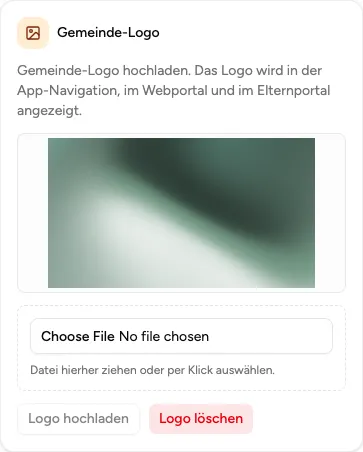 Gemeinde-Logo-Upload mit Hinweis zur Anzeige in App und Portalen in den System-Einstellungen (Beispiel aus der öffentlichen Demo).