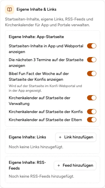 Bereich „Eigene Inhalte: RSS-Feeds“ zum Einbinden externer Inhalte in den System-Einstellungen (Beispiel aus der öffentlichen Demo).