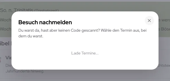 Dialog „Besuch nachmelden“ zum nachträglichen Check-in ohne Code-Scan (Beispiel aus der öffentlichen Demo)
