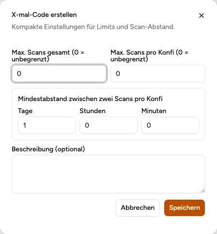 Dialog „X-mal-Code erstellen" mit Scan-Limits für wiederkehrende Angebote in der Verwaltung (Beispiel aus der öffentlichen Demo)