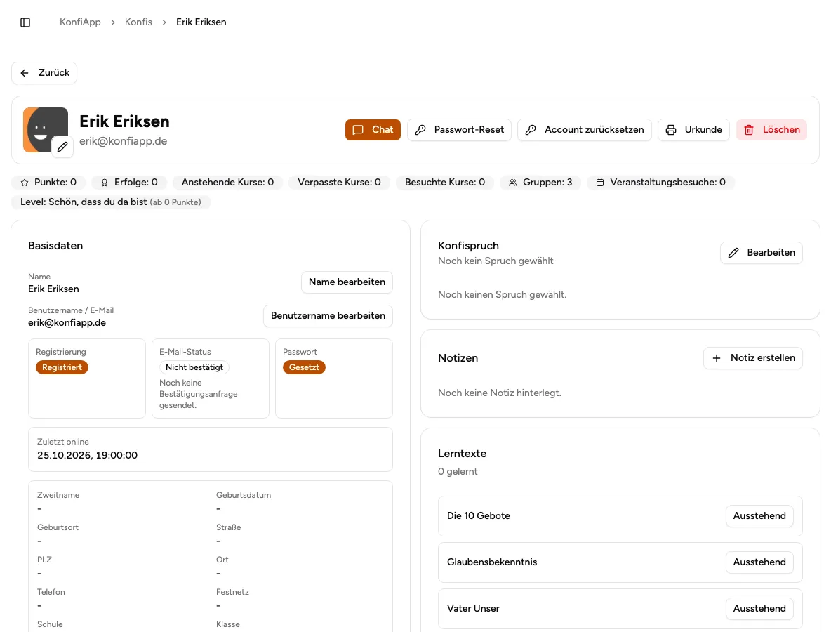 Konfi-Detailseite mit Punkten, Level und Veranstaltungsbesuchen als Gesprächsgrundlage (Beispiel aus der öffentlichen Demo)