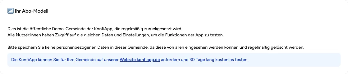 Abo-Modell-Übersicht mit Hinweis zur öffentlichen Demo-Gemeinde in der Verwaltung (Beispiel aus der öffentlichen Demo).