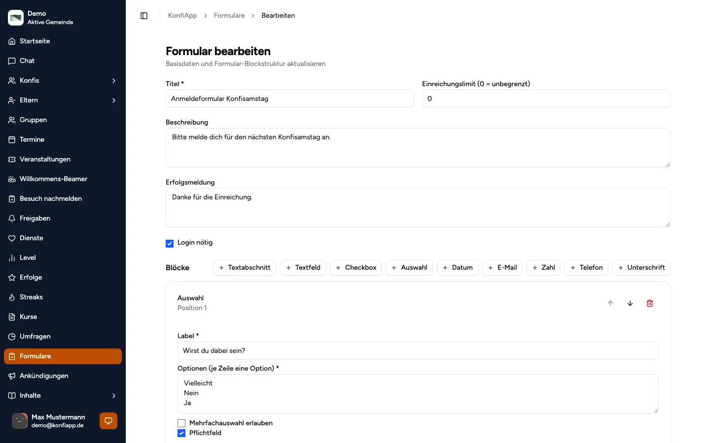Formular-Bearbeitung mit Blockstruktur und Feldern (Beispiel aus der öffentlichen Demo)