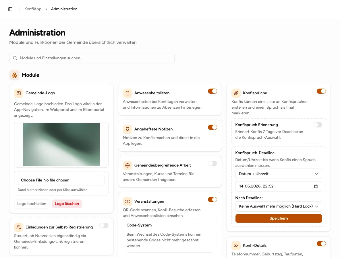 Administration mit Modul- und Gemeinde-Einstellungen in der Verwaltung (Beispiel aus der öffentlichen Demo)