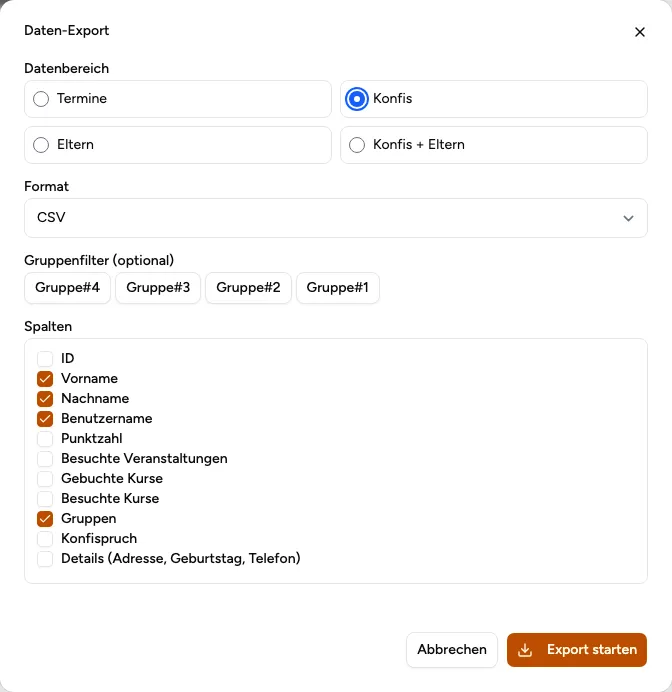 Export-Dialog mit Datenbereich, Formatwahl und Spaltenauswahl in den Admin-Tools (Beispiel aus der öffentlichen Demo).