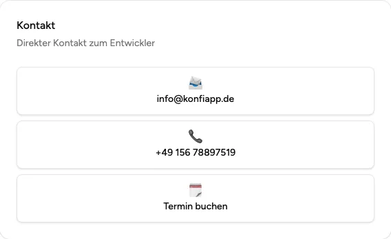Kontaktbereich mit E-Mail, Telefonnummer und Terminbuchung auf dem Dashboard der Verwaltung (Beispiel aus der öffentlichen Demo).