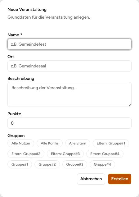 Dialog „Neue Veranstaltung" mit Grunddaten und Gruppenauswahl in der Verwaltung (Beispiel aus der öffentlichen Demo)