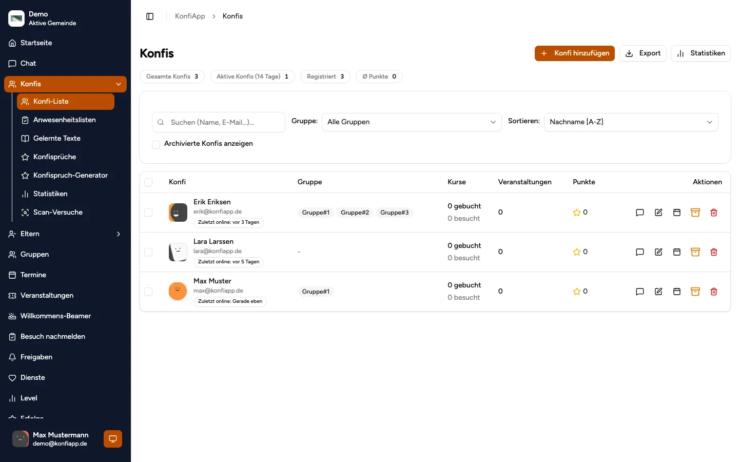 Konfi-Liste mit Gruppenfilter, Sortierung und Nutzerkarten in der Nutzerverwaltung (Beispiel aus der öffentlichen Demo).