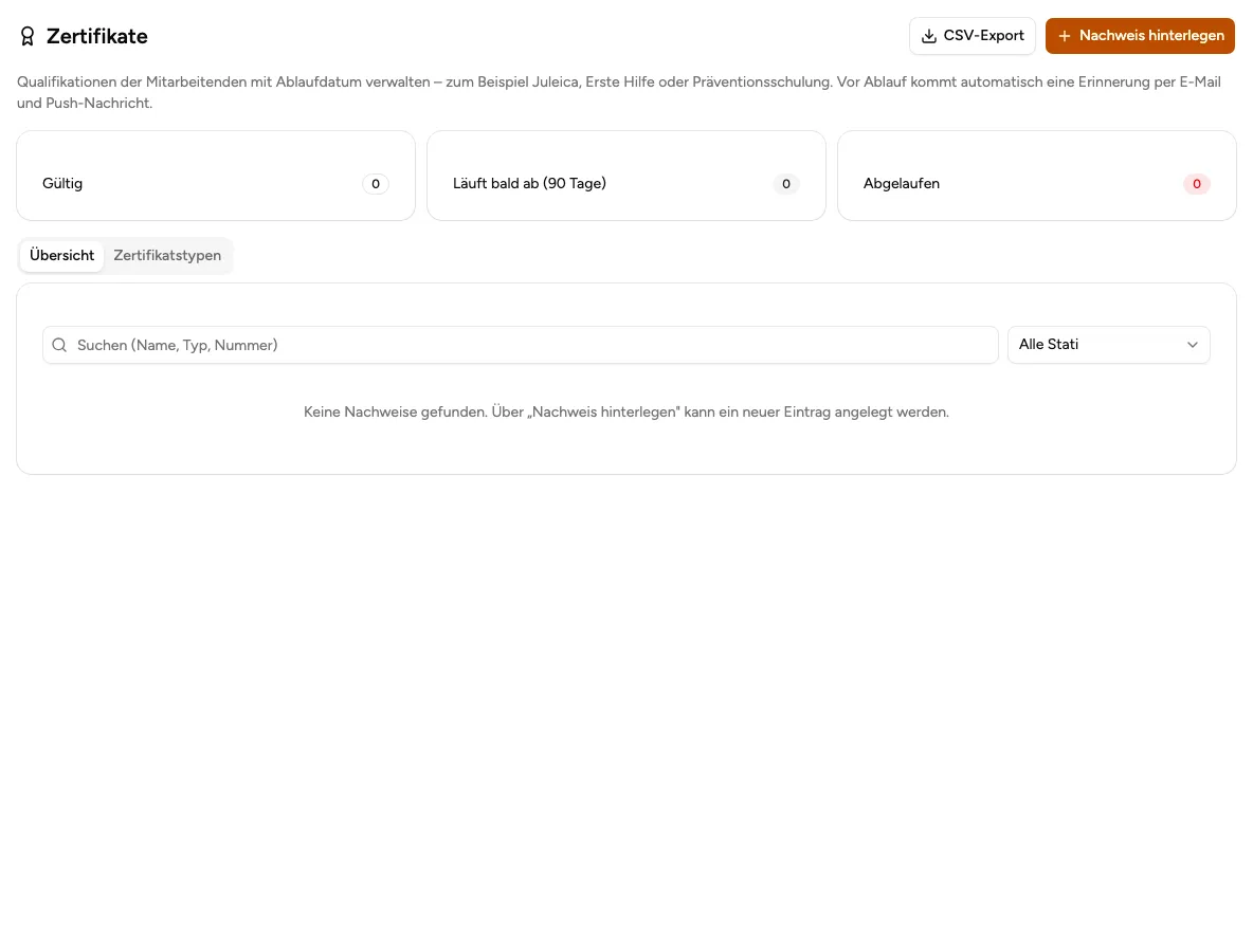 Zertifikats-Verwaltung mit Qualifikationen und Ablaufdaten des Teams (Beispiel aus der öffentlichen Demo)