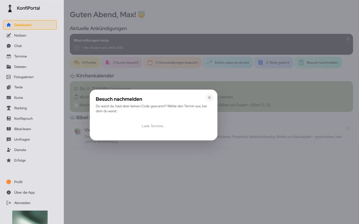 Geöffneter Check-in-Dialog „Besuch nachmelden“ auf dem Konfi-Dashboard (Beispiel aus der öffentlichen Demo)