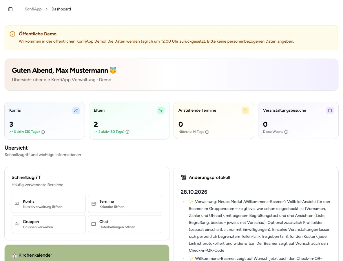Dashboard mit Schnellzugriff auf Chat, Gruppen, Termine und Ankündigungen in der Verwaltung (Beispiel aus der öffentlichen Demo)
